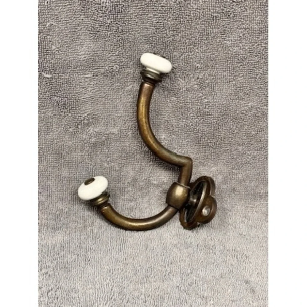 Vintage Brass Double Wall Hook with White Ceramic Ball Finials Taiwan